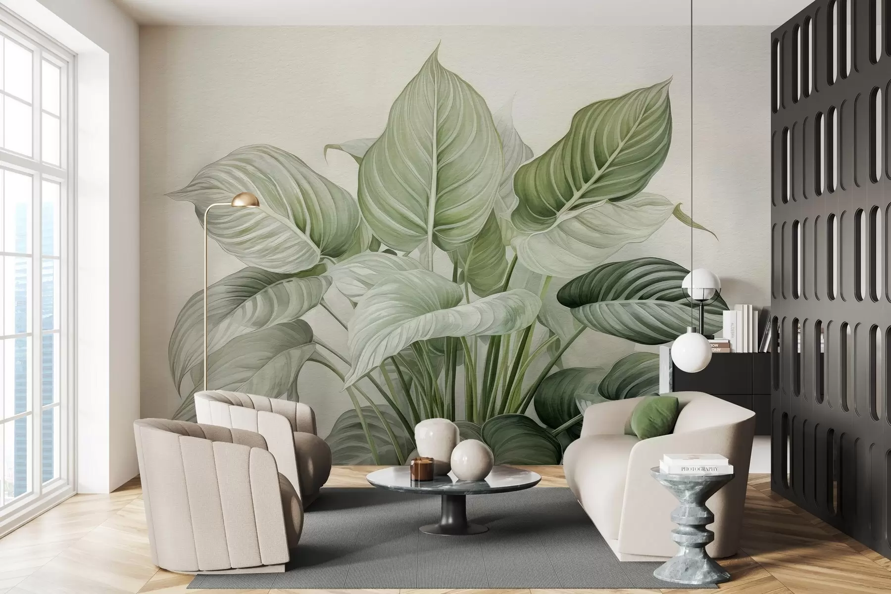 Papier peint photo Buisson luxuriant de feuilles vertes sur le mur w04835