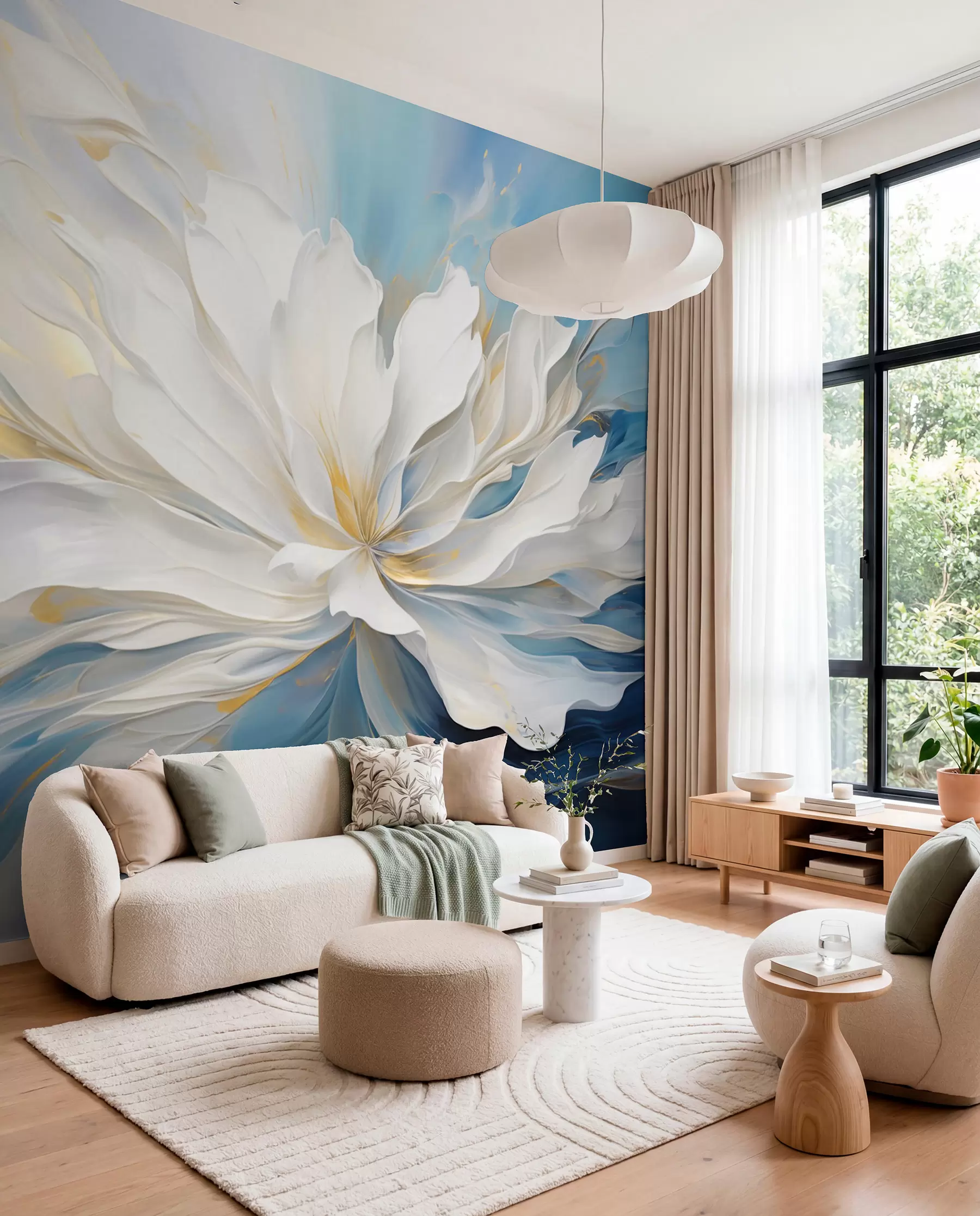 Fotobehang Witte pioen op oceaanblauw w09511