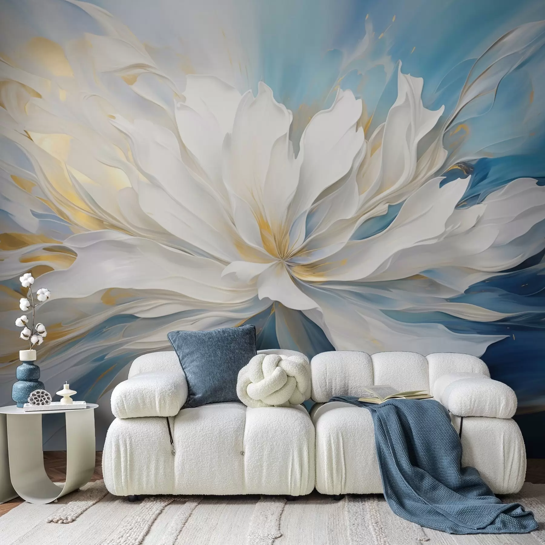 Fotobehang Grote witte pioenroos in olieverfstijl op een blauw-gele achtergrond w09511