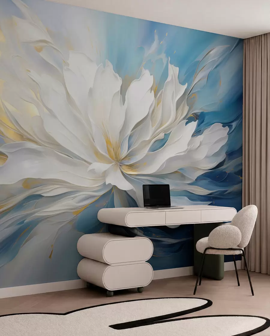 Fotobehang Grote witte pioenroos in olieverfstijl op een blauw-gele achtergrond w09511