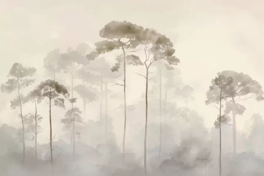 Fotobehang lichte silhouetten van dennenbomen in aquarelstijl w04634