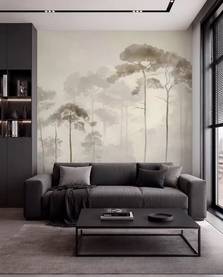 Fotobehang lichte silhouetten van dennenbomen in aquarelstijl w04634