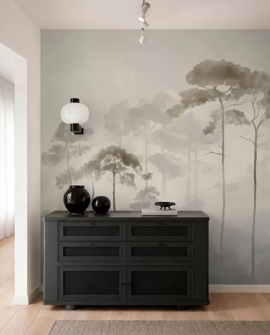 Fotobehang lichte silhouetten van dennenbomen in aquarelstijl w04634