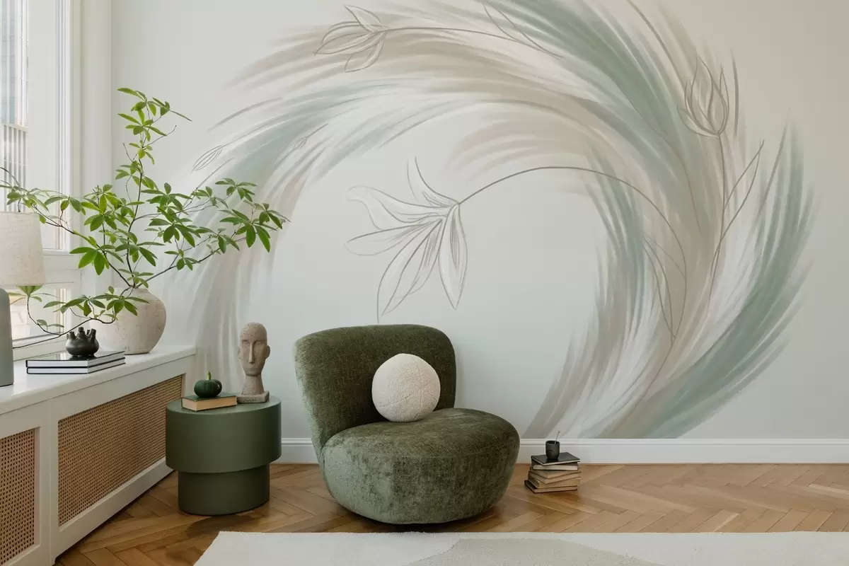 Papier peint photo plumes et fleurs vertes et beiges, peintes à la main w04816