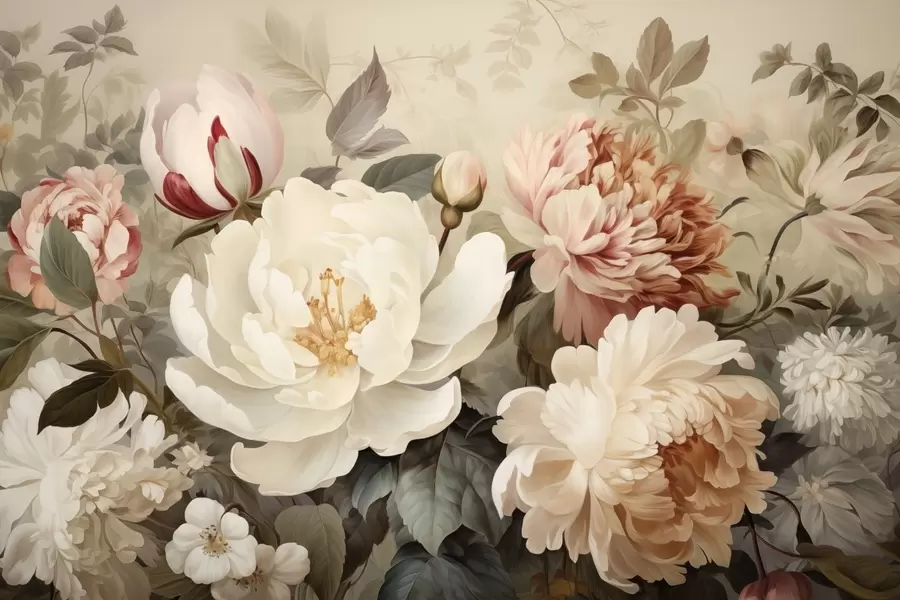 Fotobehang Zachte pioenrozen en chrysanten in pasteltinten w09350