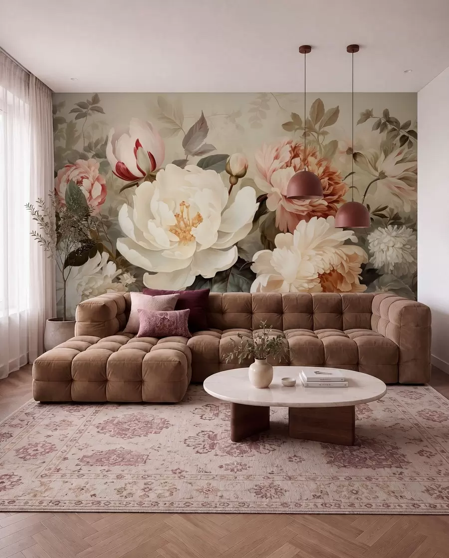 Fotobehang Zachte pioenrozen en chrysanten in pasteltinten w09350