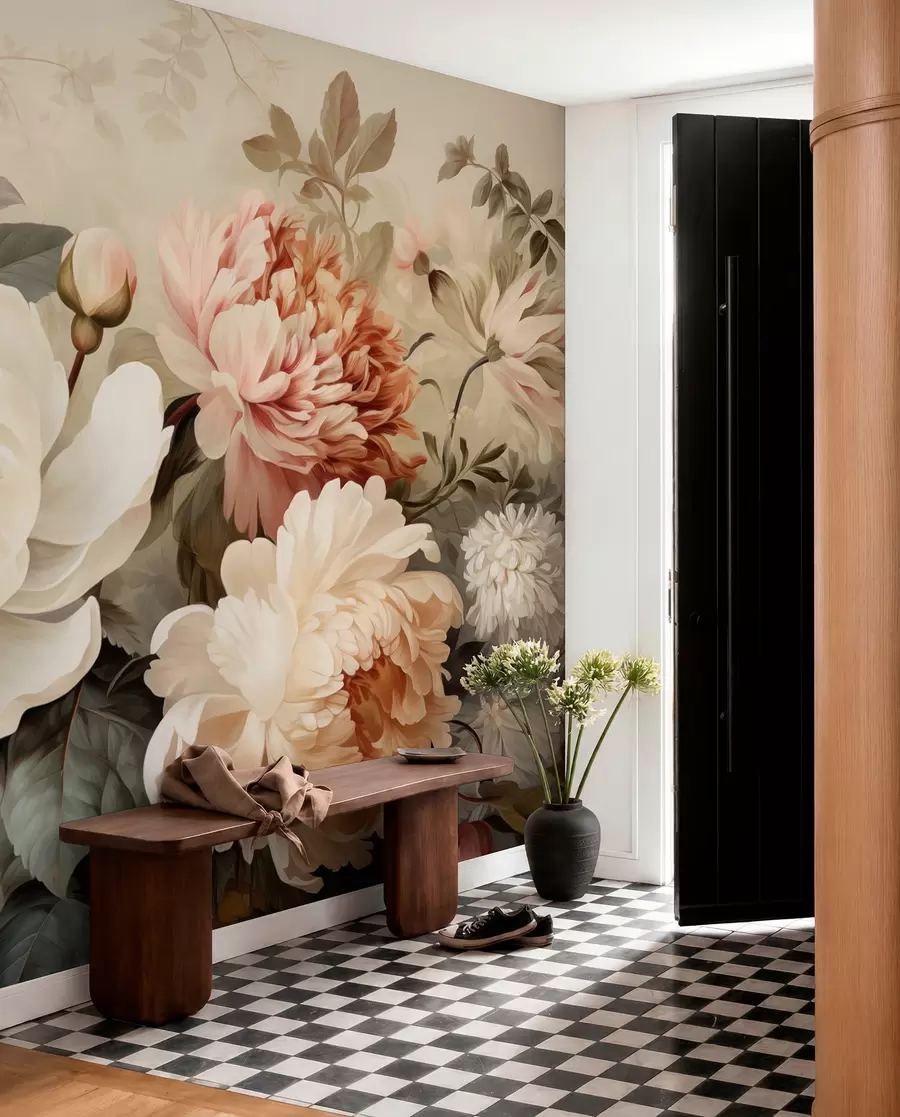 Fotobehang Zachte pioenrozen en chrysanten in pasteltinten w09350