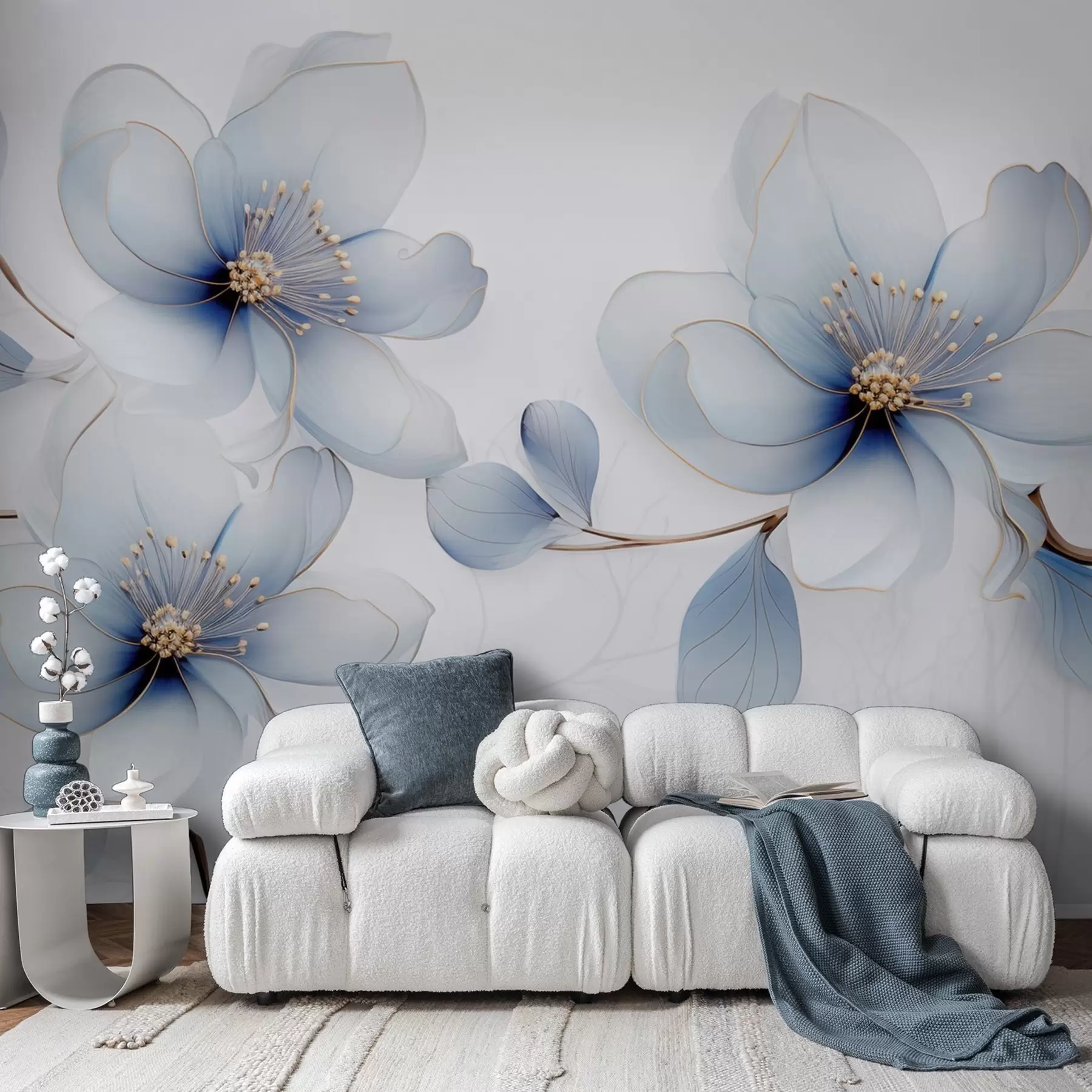 Fotobehang Elegante magnoliabloemcompositie in blauwtinten w09520