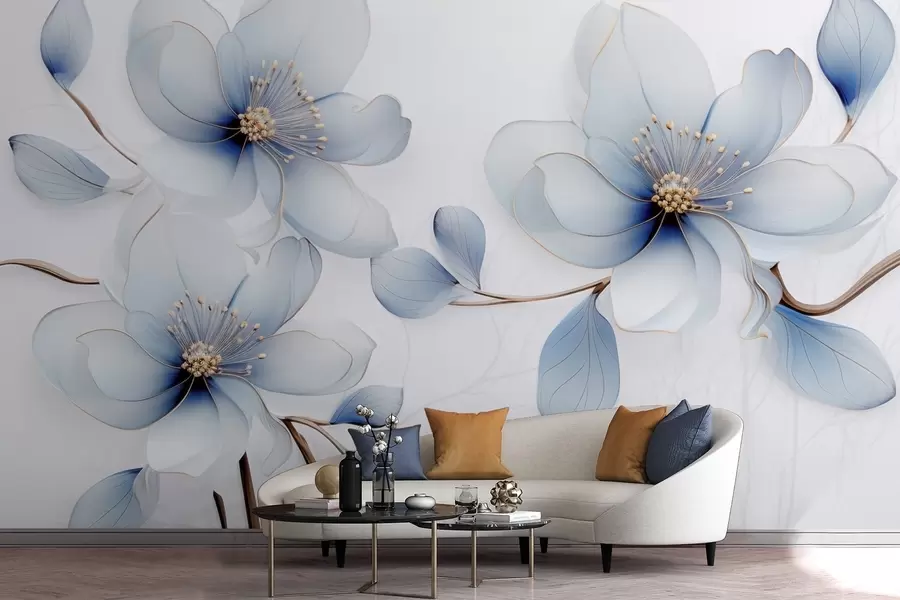 Fotobehang Elegante magnoliabloemcompositie in blauwtinten w09520