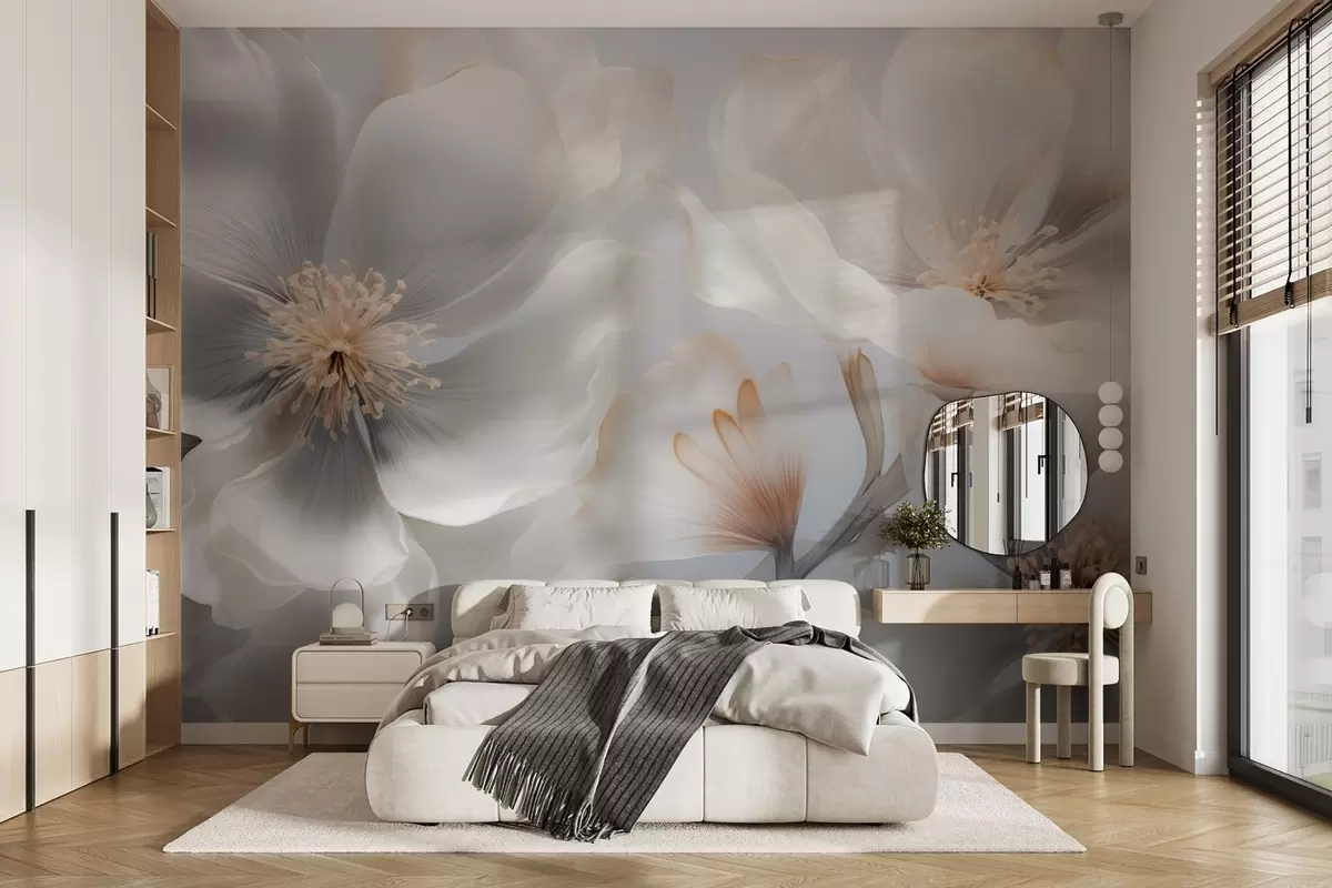 Fotobehang Parelmoerachtige bloemen in beige-grijze en melkachtige crèmekleurige tinten w09527
