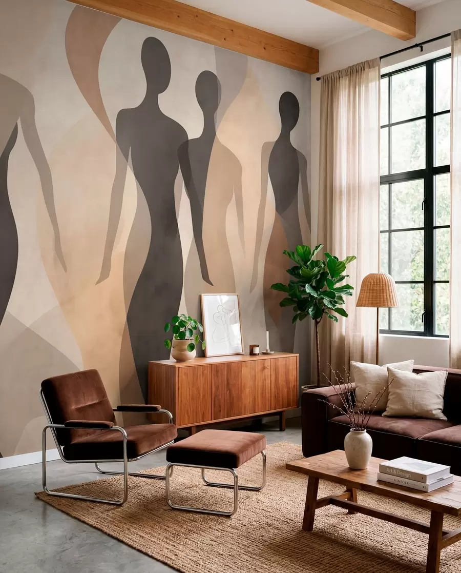 Fotobehang Silhouetten en zachte golven in warme beige-grijze tinten w04787