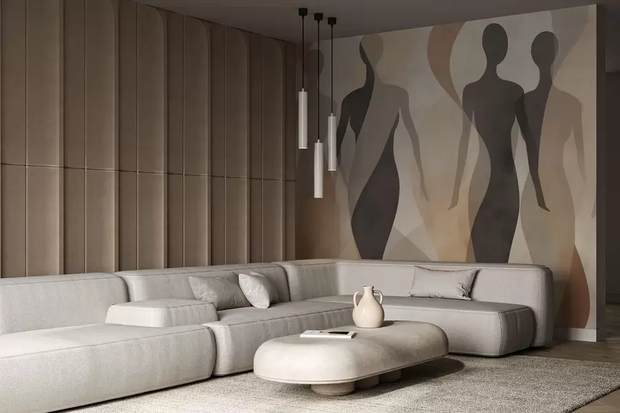 Fotobehang Silhouetten en zachte golven in warme beige-grijze tinten w04787