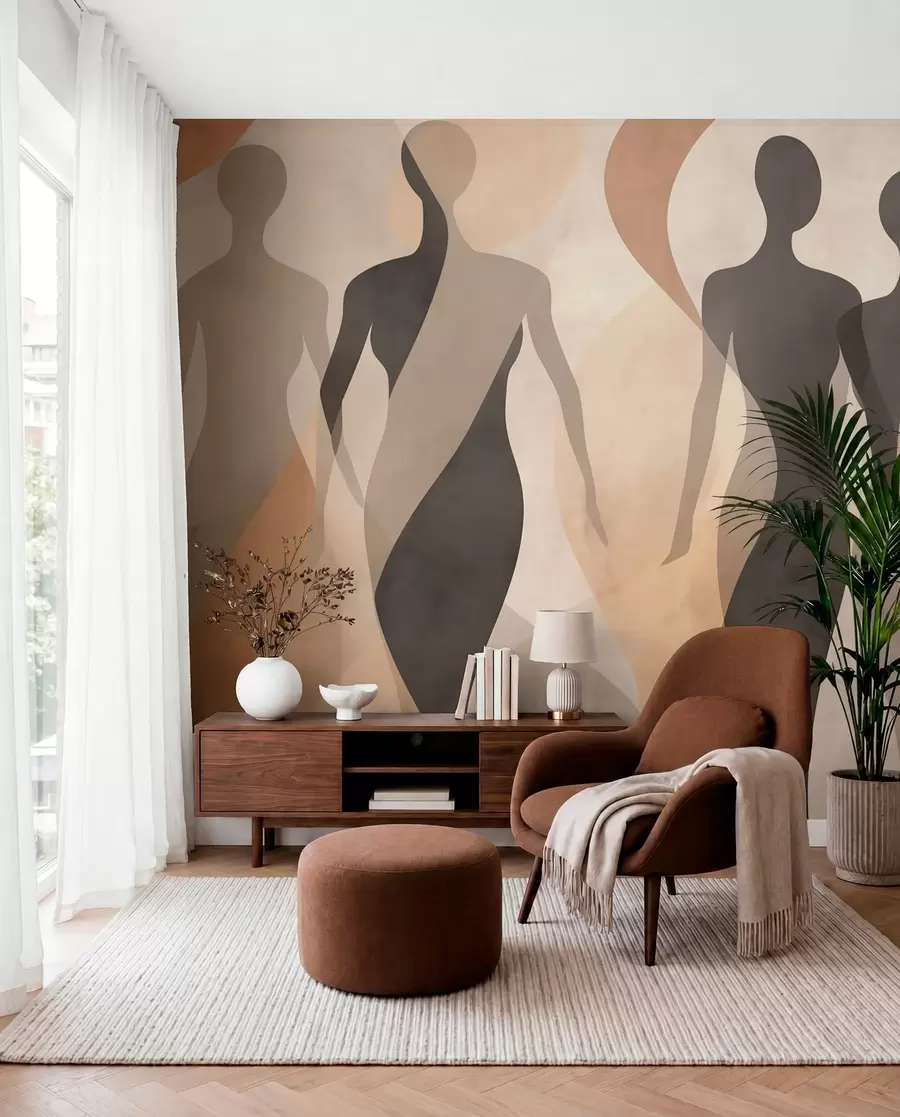 Fotobehang Silhouetten en zachte golven in warme beige-grijze tinten w04787