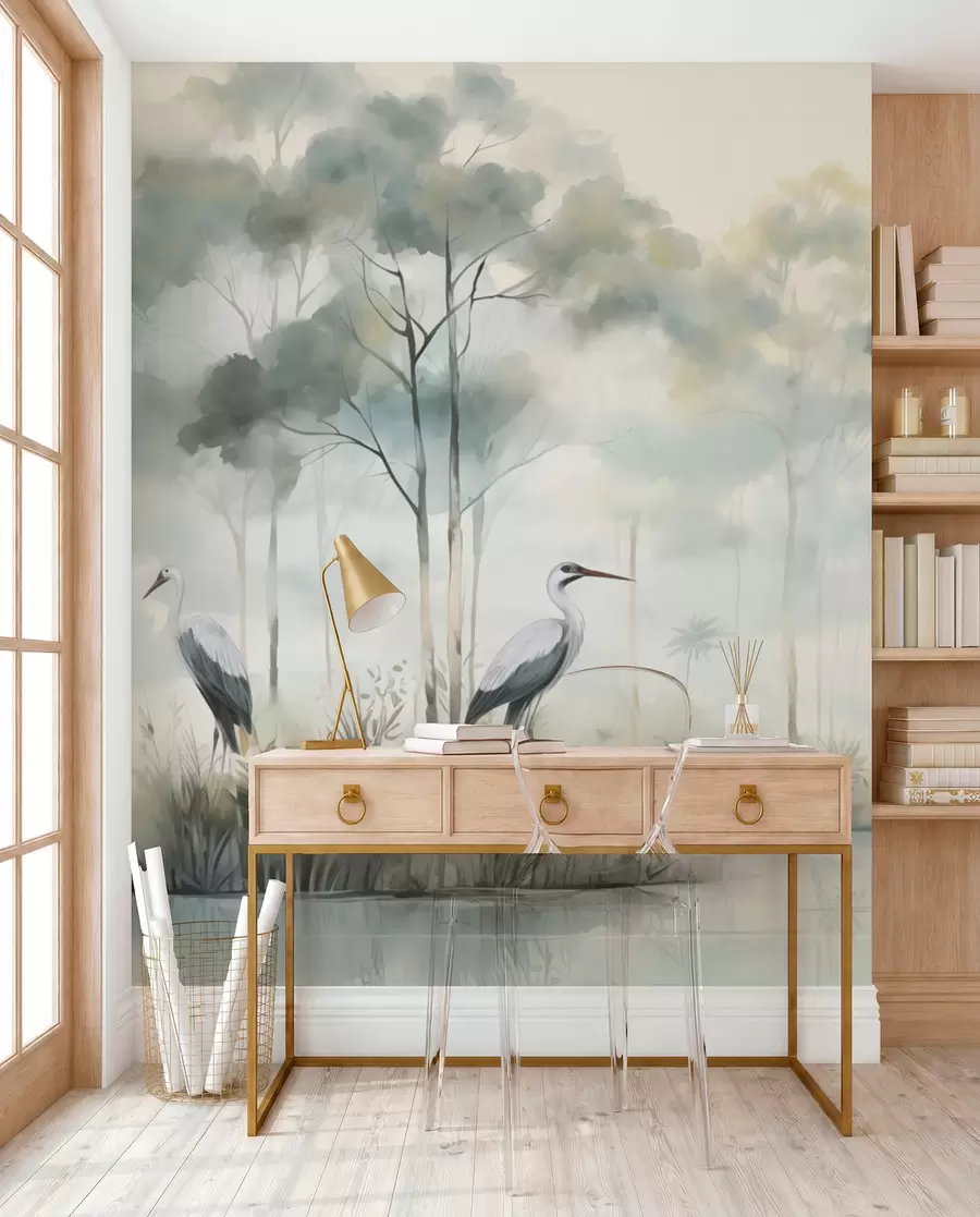 Fotobehang Mistig bos aan het water met reigers, zacht koel kleurenpalet w04788