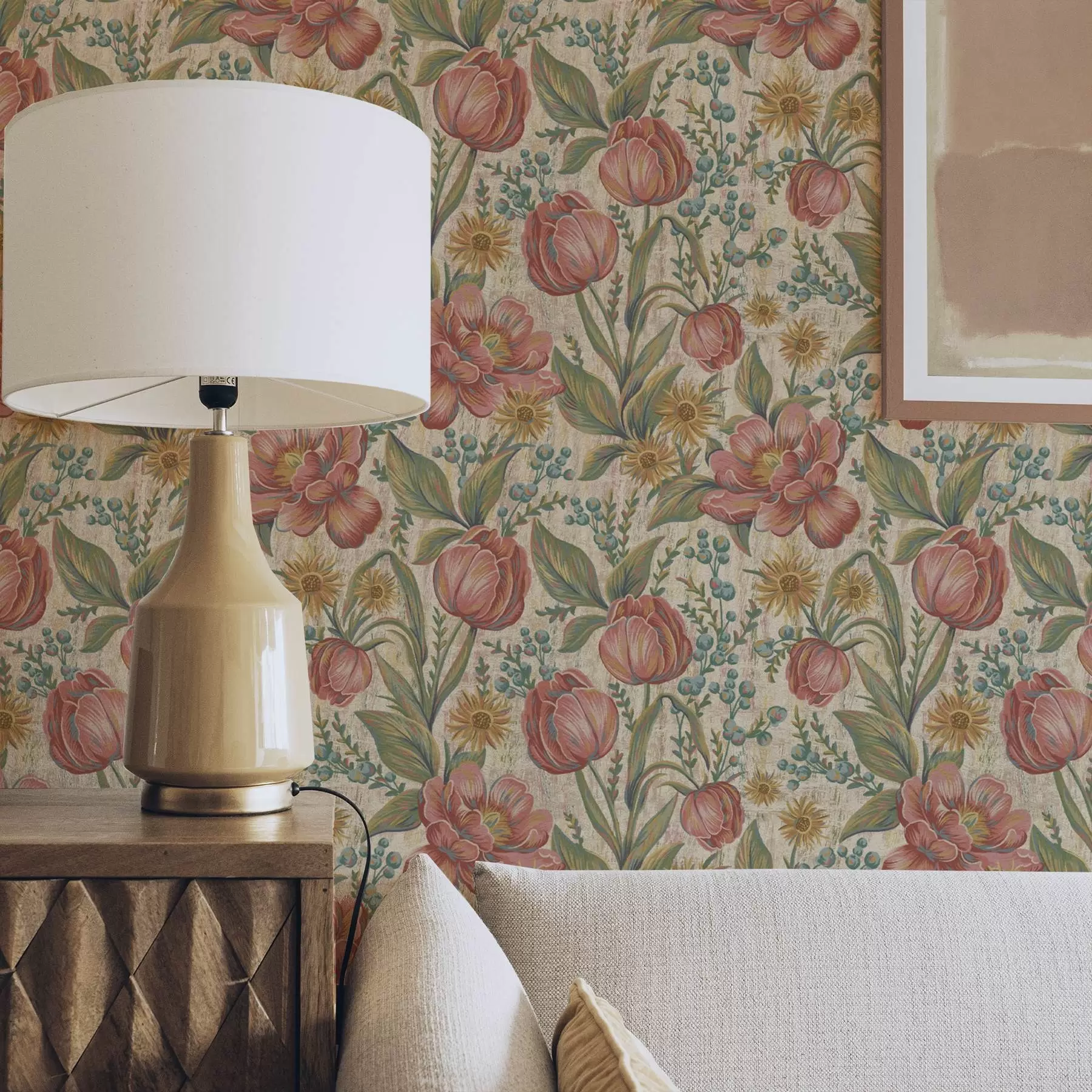 Fotobehang Vintage tulpen en asters, crèmekleurige achtergrond met textuur a00773