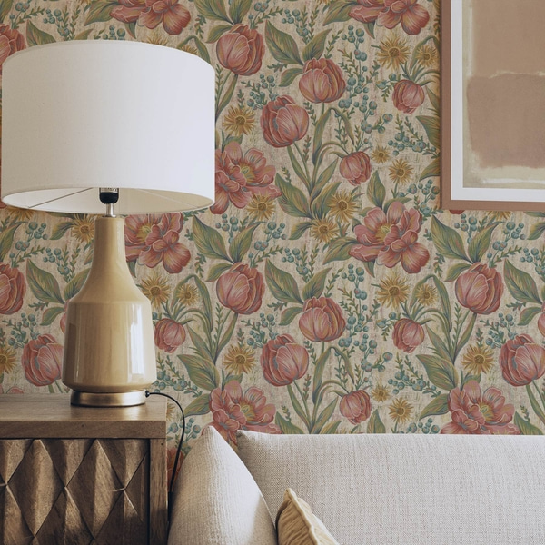 Behang Vintage tulpen en asters, crèmekleurige achtergrond met textuur, Behang bloemen, a00773 : Uwalls.be