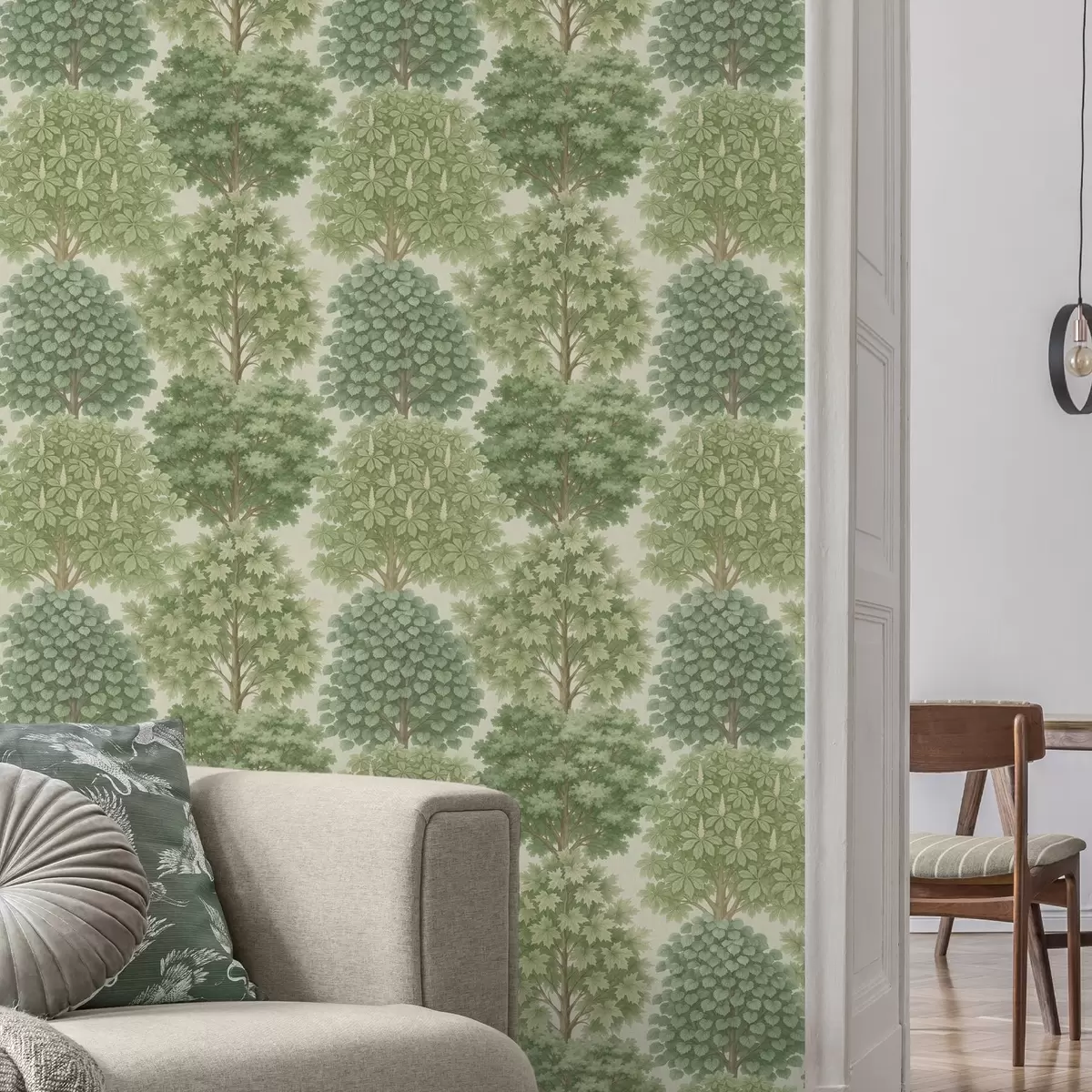 Behang Boomgaard in zachte groentinten op een lichte ondergrond a00775