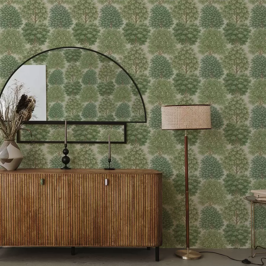 Fotobehang Boomgaard in zachte groentinten op een lichte ondergrond a00775