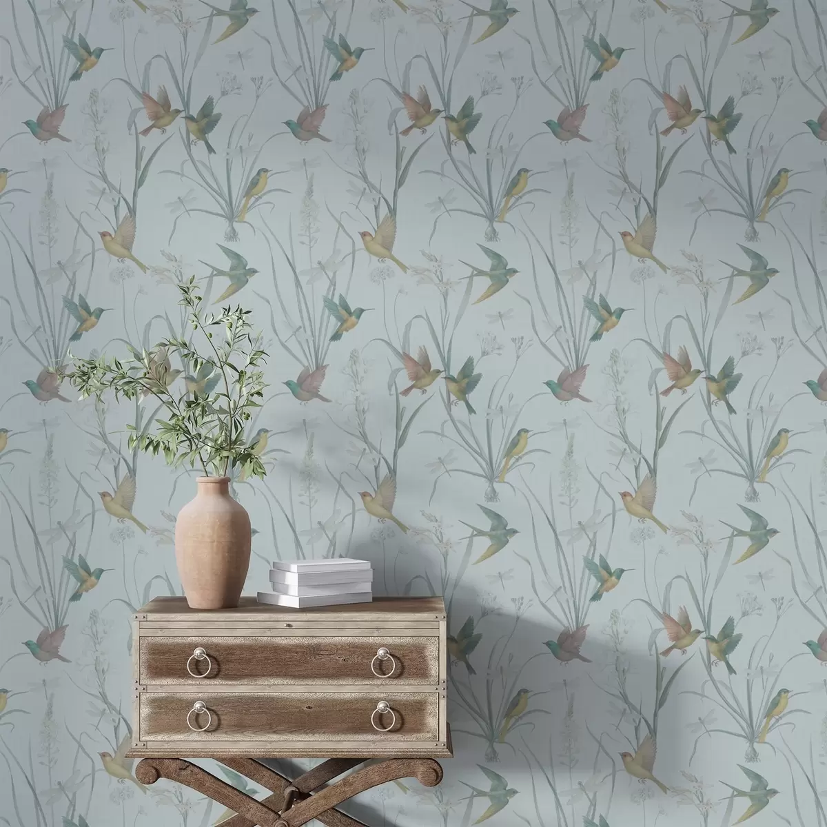 Behang Vogels tussen weidegrassen op grijsblauwe grond a00776