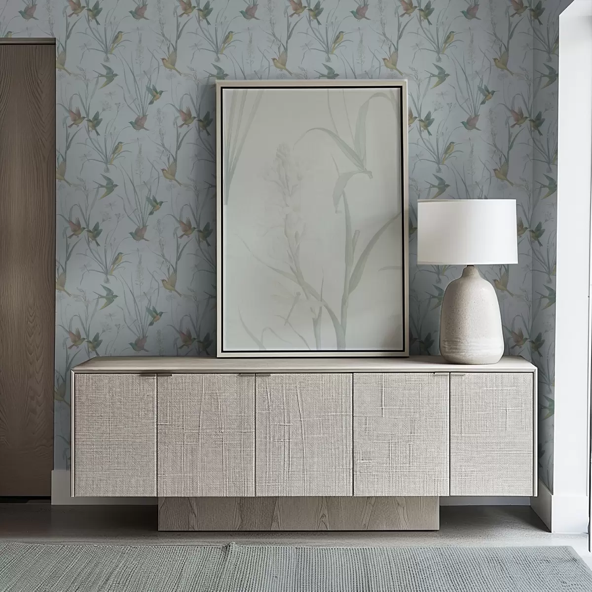 Papier peint Oiseaux parmi les herbes des prairies sur un sol gris-bleu a00776