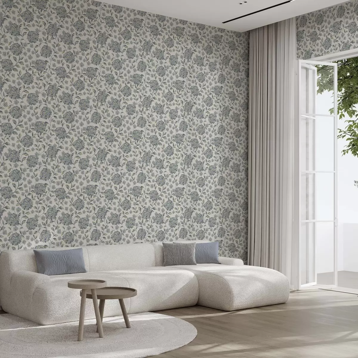 Behang Borstelige bloesems en bladeren in een grijsblauw palet a00778