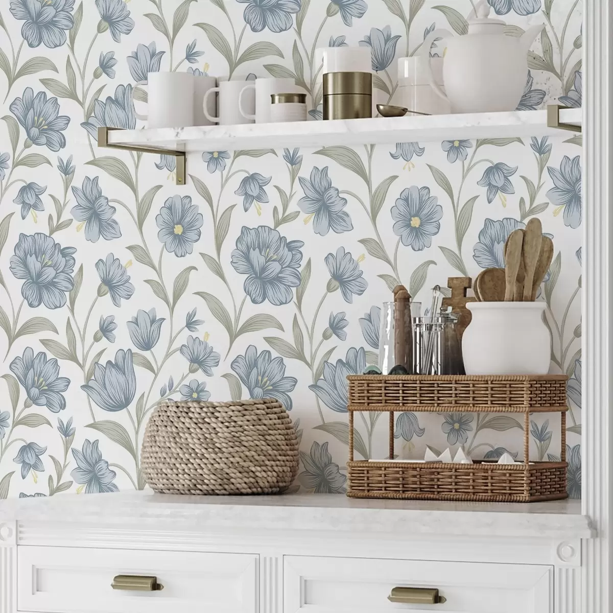 Papier peint Fleurs bleu poussiéreux avec feuilles d'olivier sur fond blanc a00780