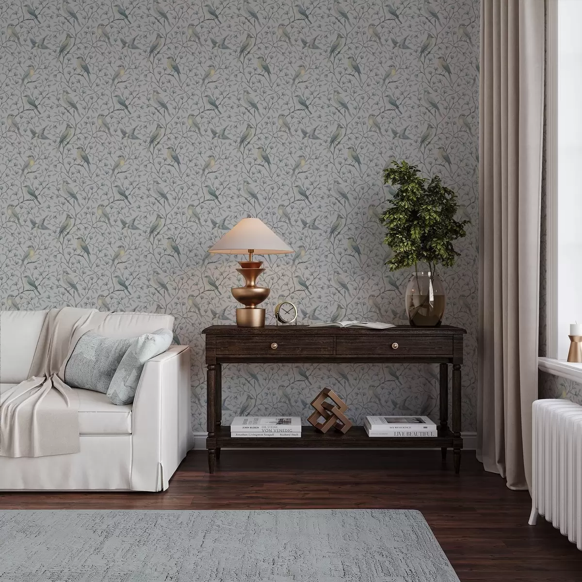 Behang Vogels op takken, grijsblauw kleurenschema a00782