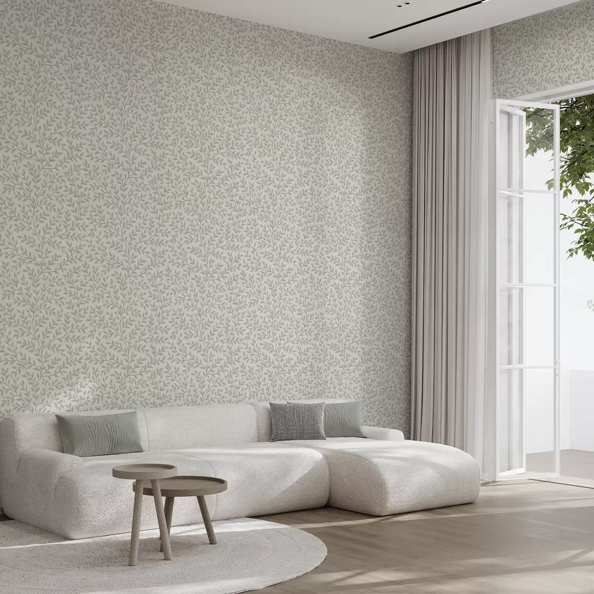 Papier peint Branches avec feuilles et baies, crème claire et sauge a00783