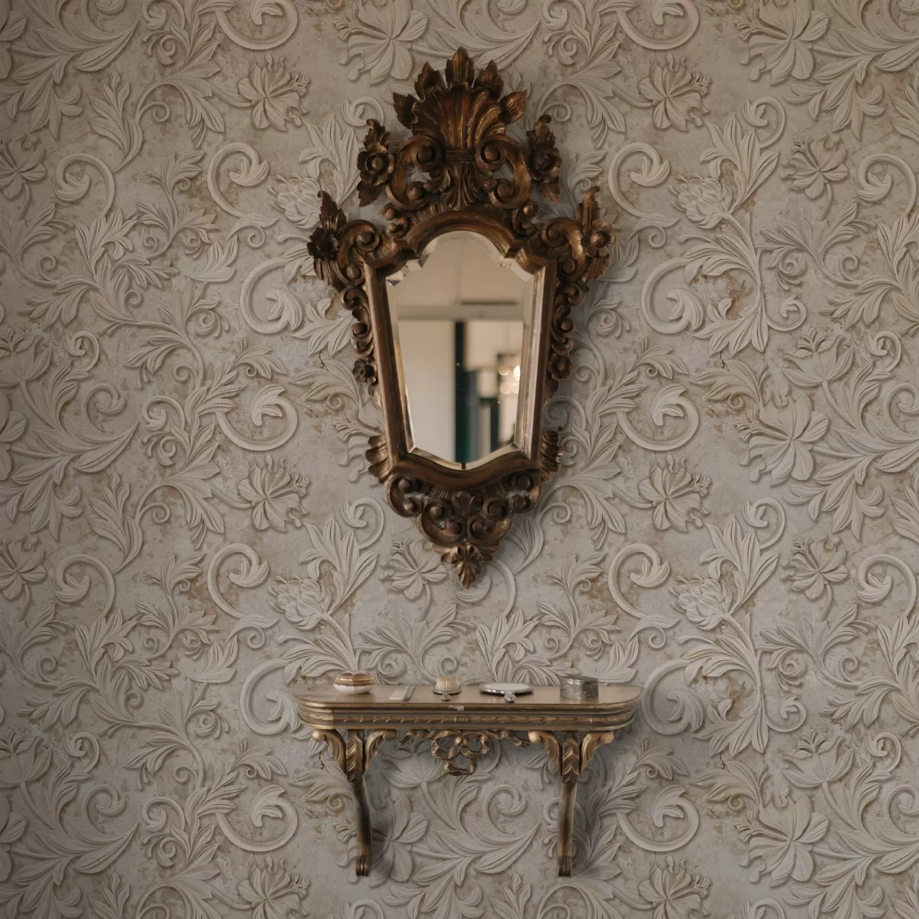 Papier peint photo Relief en pierre avec volutes florales, beige vintage a00784