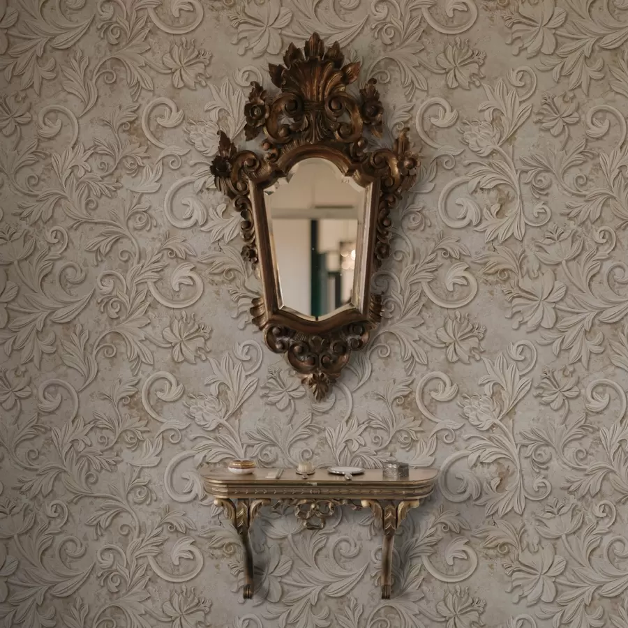 Fotobehang Stenen reliëf met bloemmotieven, vintage beige a00784