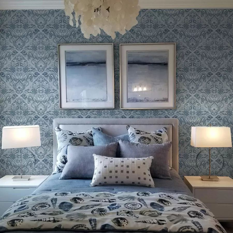 Papier peint photo Damassé classique, bleu foncé sur bleu clair a00826