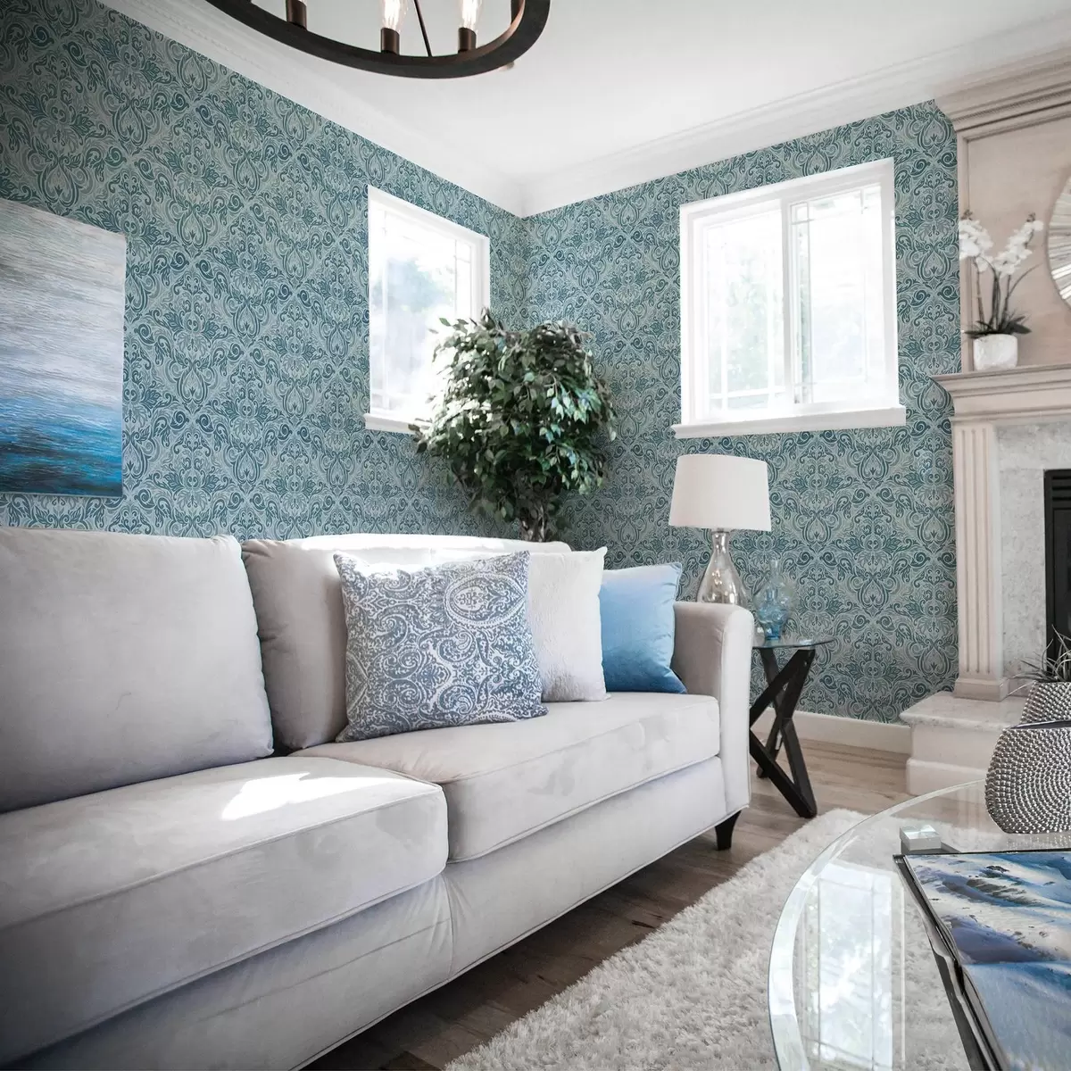 Behang Klassiek damast, diepblauw op lichtblauw a00826