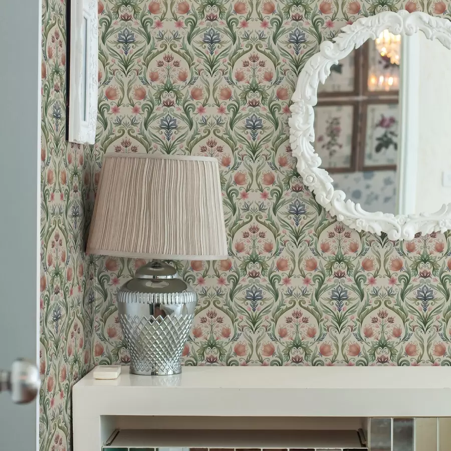 Papier peint photo Ornement floral symétrique, terre cuite et vert a00827