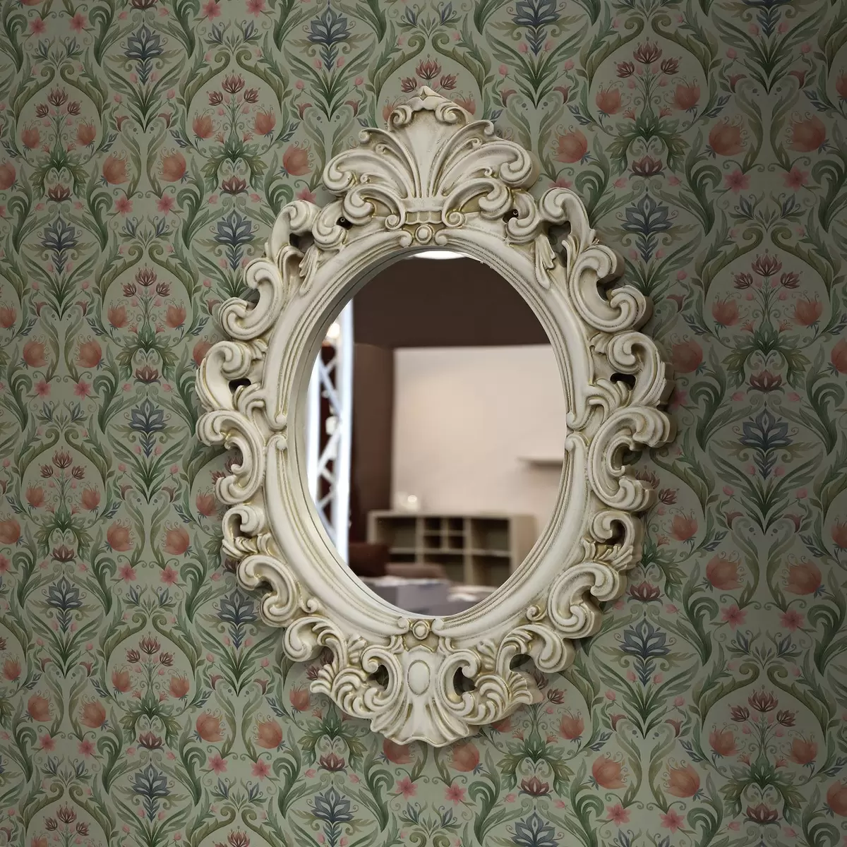 Behang Symmetrisch bloemenornament, mint-crèmekleurig palet a00827v1