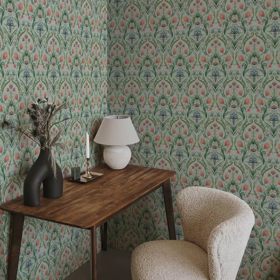 Papier peint photo Ornement floral symétrique, palette crème menthe a00827v1