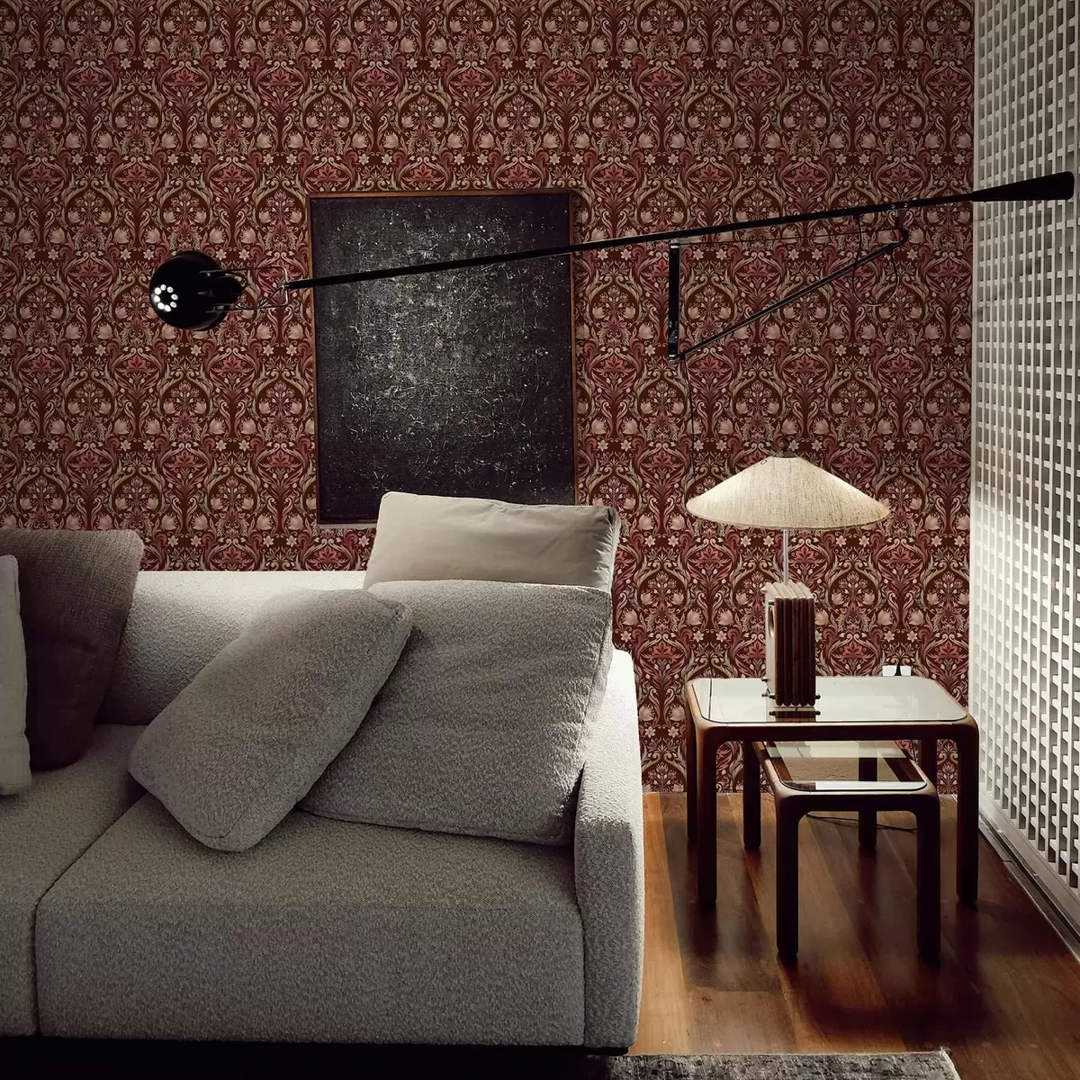 Behang Tulpornament, rijke bordeauxrode achtergrond a00827v2