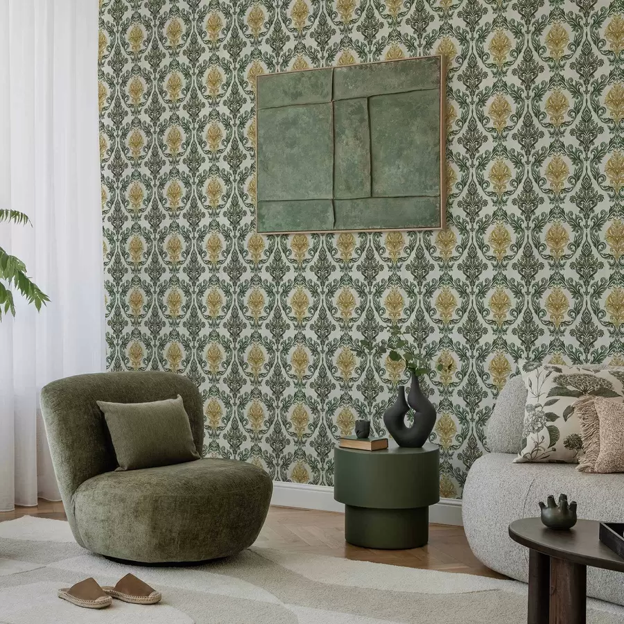 Papier peint photo Damas avec des volutes vertes sur fond clair a00828v1