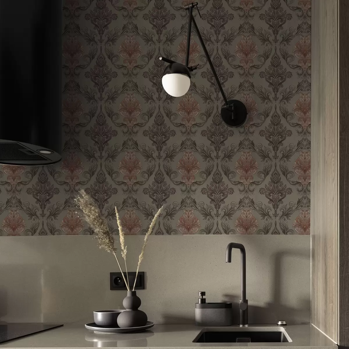 Papier peint Damassé terracotta sur fond olive discret a00828v3