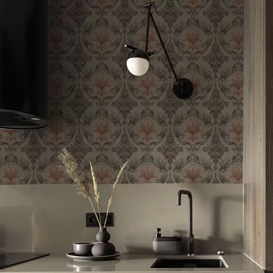 Papier peint photo Damassé terracotta sur fond olive discret a00828v3