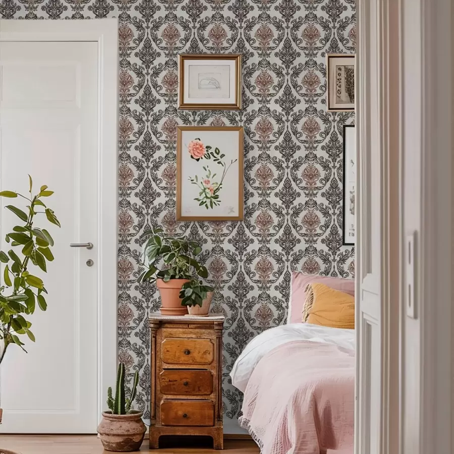 Papier peint photo Damas avec des accents brun cuivré sur fond clair a00828v4