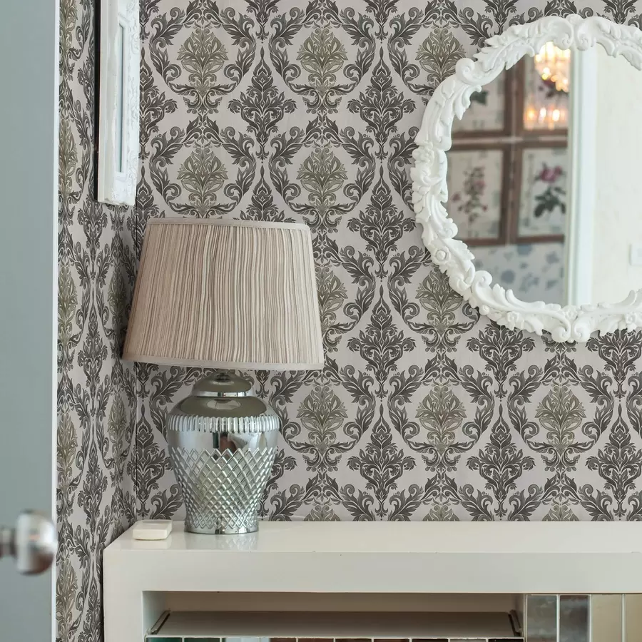 Papier peint photo Damassé sur fond clair, accents bronze olive a00828v6