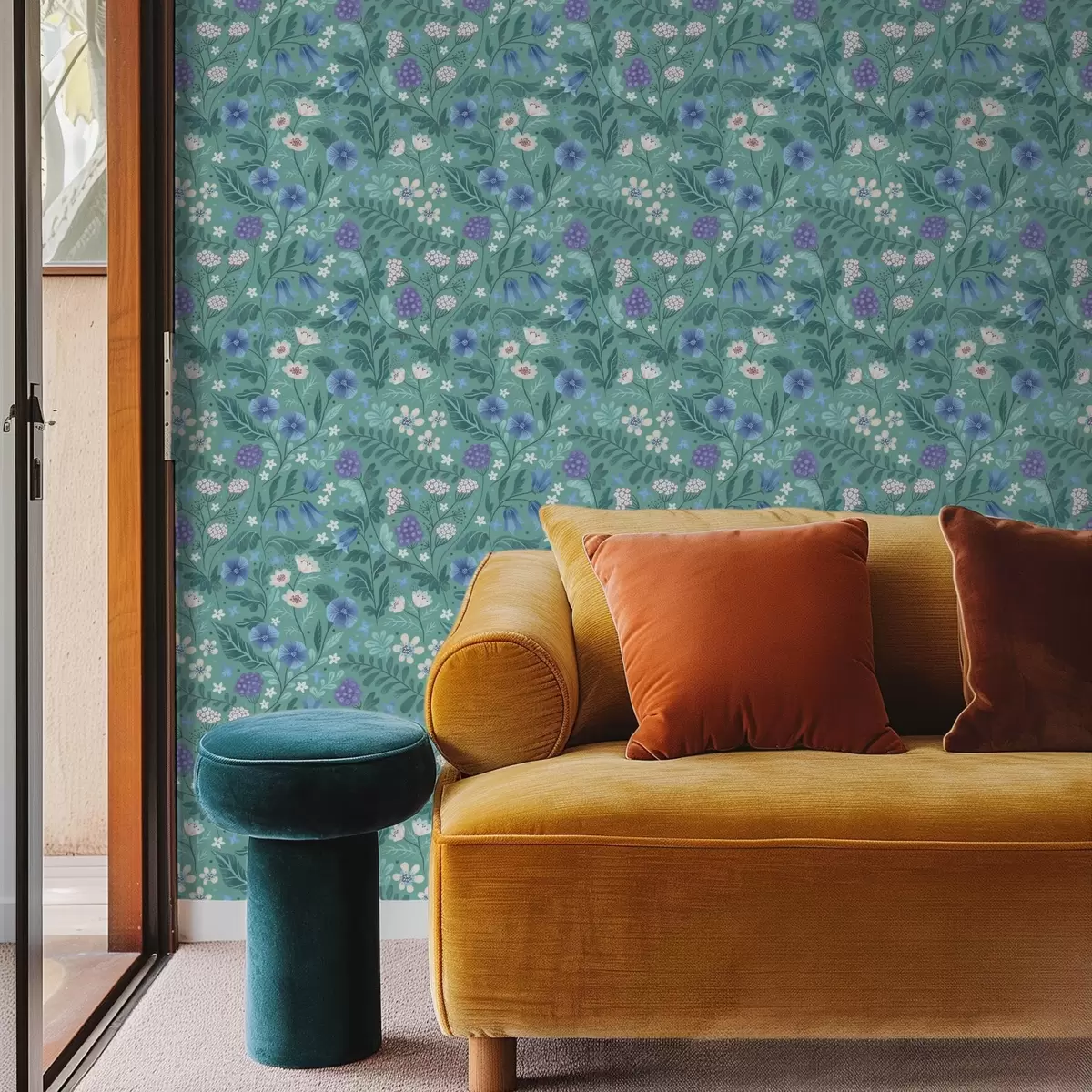 Behang Wilde bloemen en bessen op een zachte muntkleurige achtergrond a00849