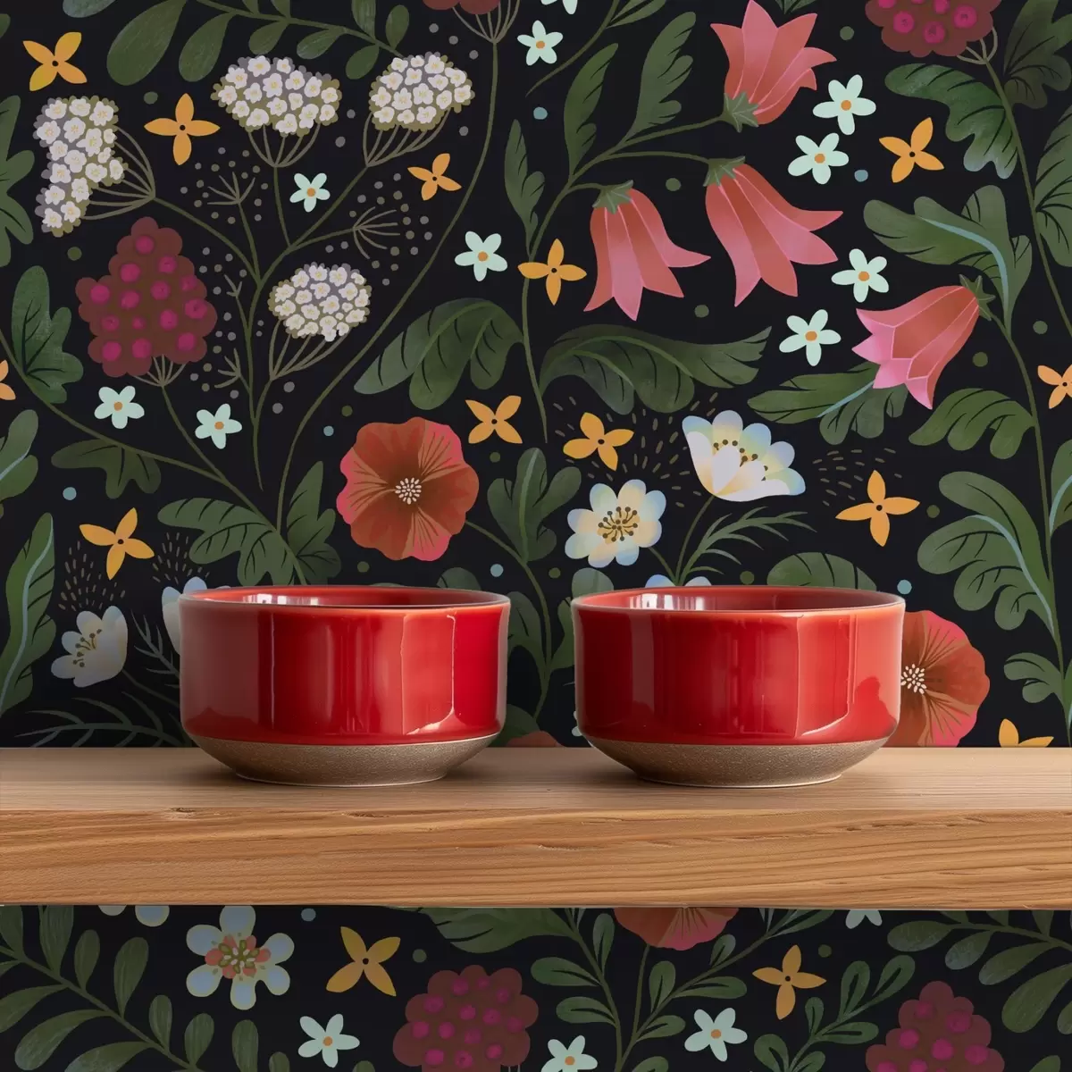 Behang Wilde bloemen en bessen op een diepzwarte achtergrond a00849v3