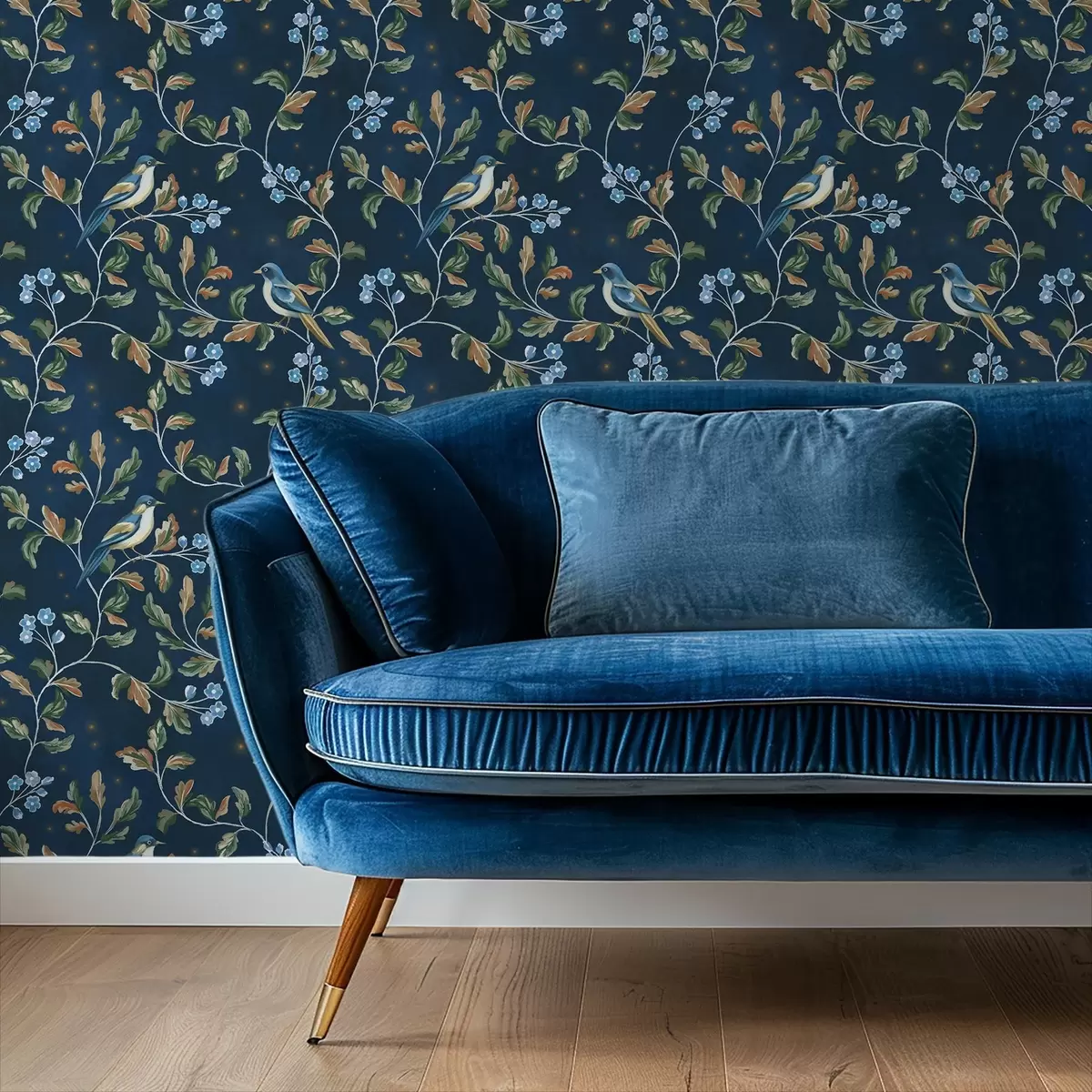 Behang Tieten op takken, nachtblauwe achtergrond met vonken a00858