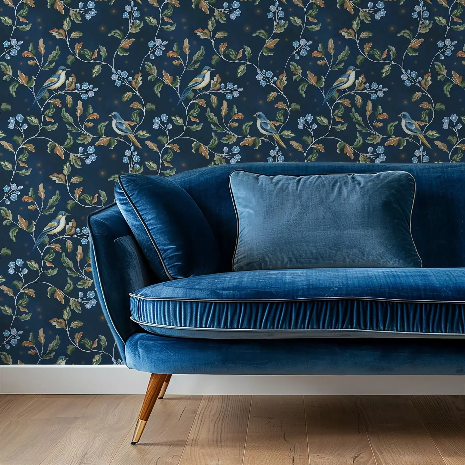 Fotobehang Tieten op takken, nachtblauwe achtergrond met vonken a00858