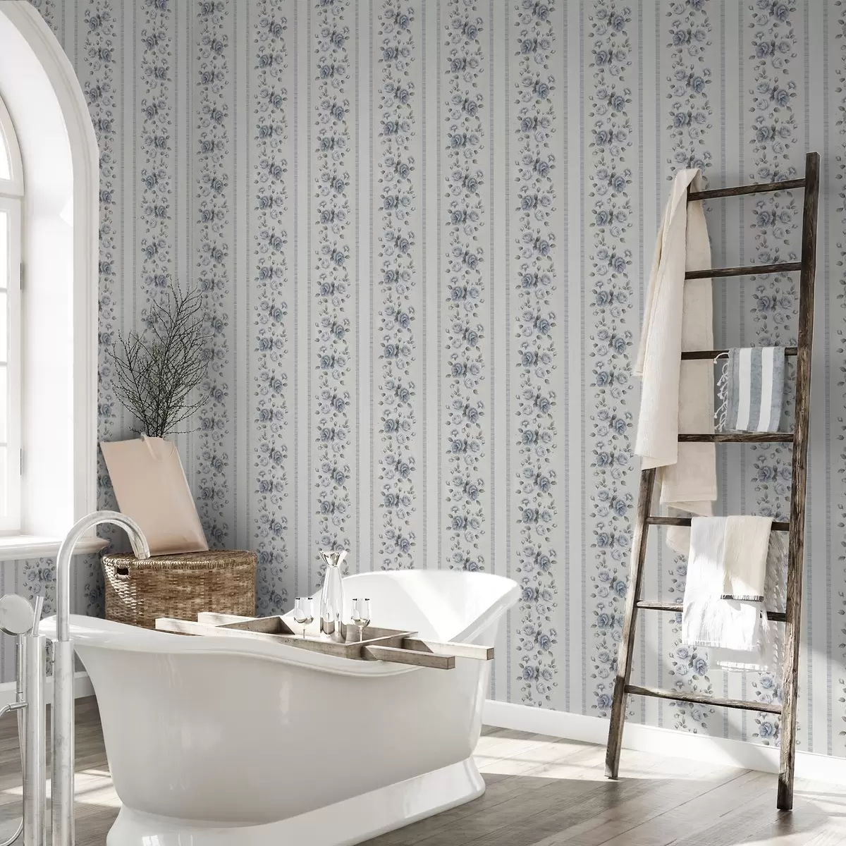 Behang Blauwe rozen in verticale banden op een lichte achtergrond a00860