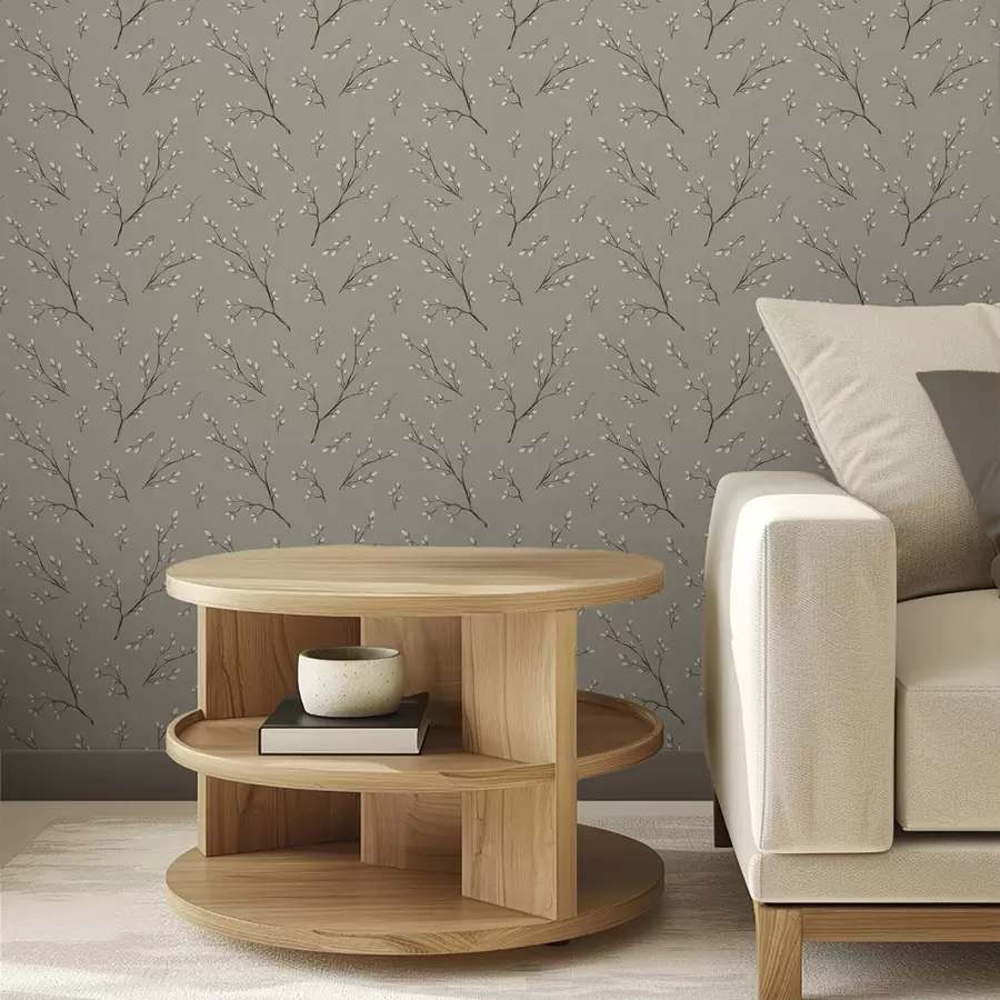 Fotobehang Twijgen met witte knoppen op een taupe linnen achtergrond a00861