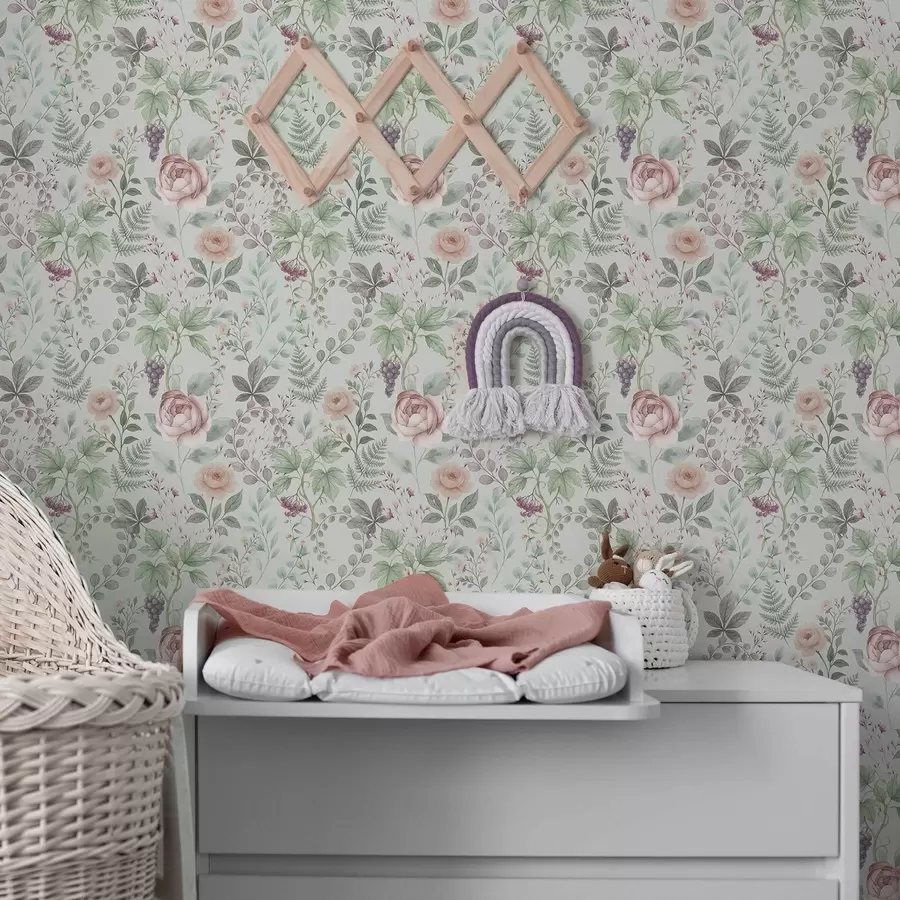 Fotobehang Pastelkleurige tuin met rozen, varens en druiven a00867