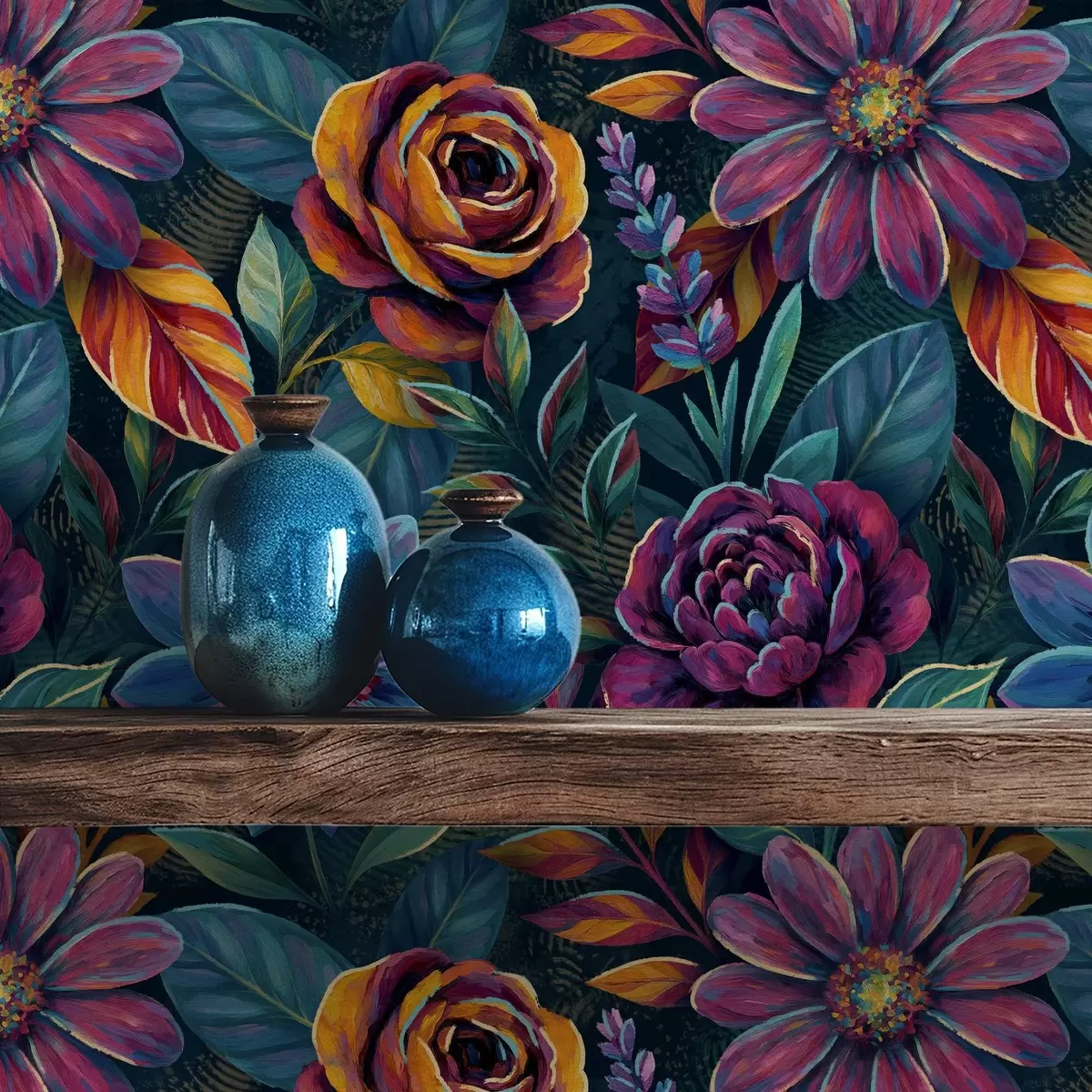 Papier peint Motifs floraux aux couleurs vives et éclatantes sur fond bleu marine profond a00871