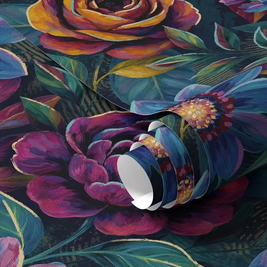 Papier peint photo Motifs floraux aux couleurs vives et éclatantes sur fond bleu marine profond a00871